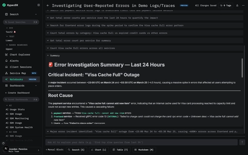 Example of the AI Notebooks interface reaching a root cause for an issue